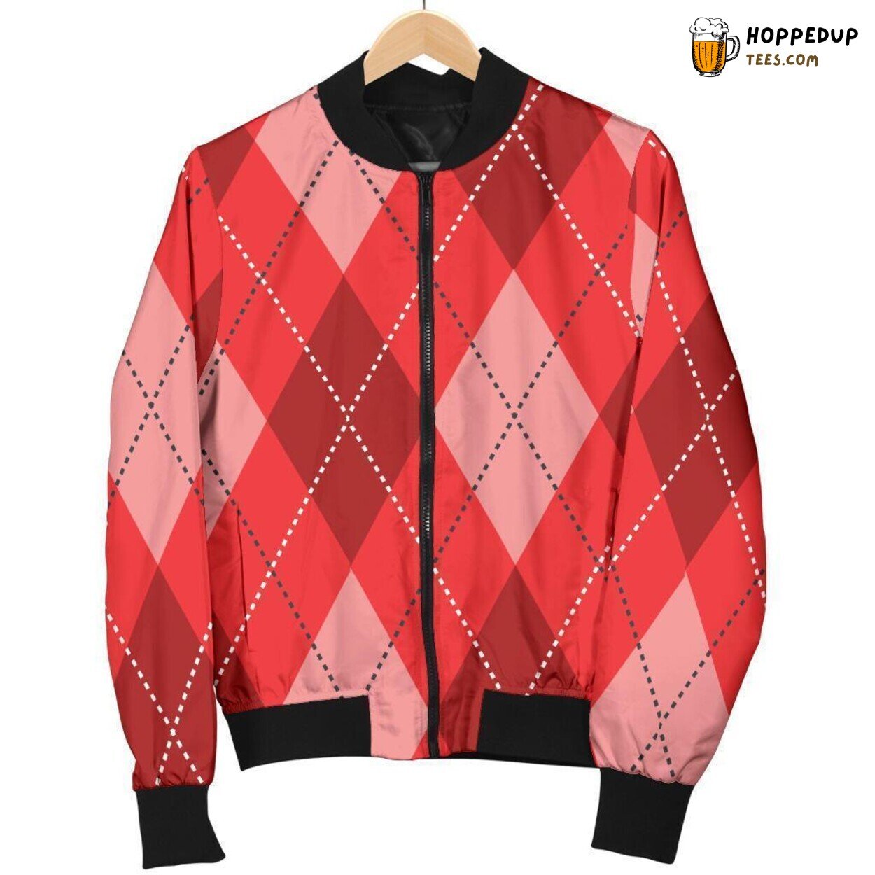 Men’s Bomber Jacket with a Unique Red Argyle Pattern Print Men’s Bomber Jacket with a Unique Red Argyle Pattern Print