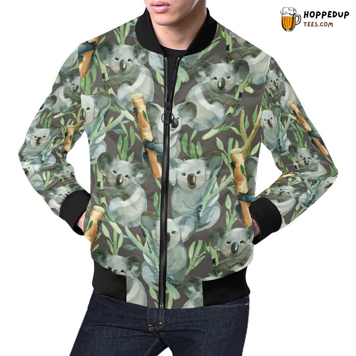 Men’s Bomber Jacket with Bamboo & Koala Pattern Print Design
