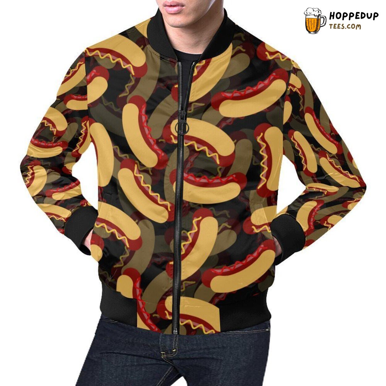 Men’s Bomber Jacket with Black Hot Dog Pattern Print Design