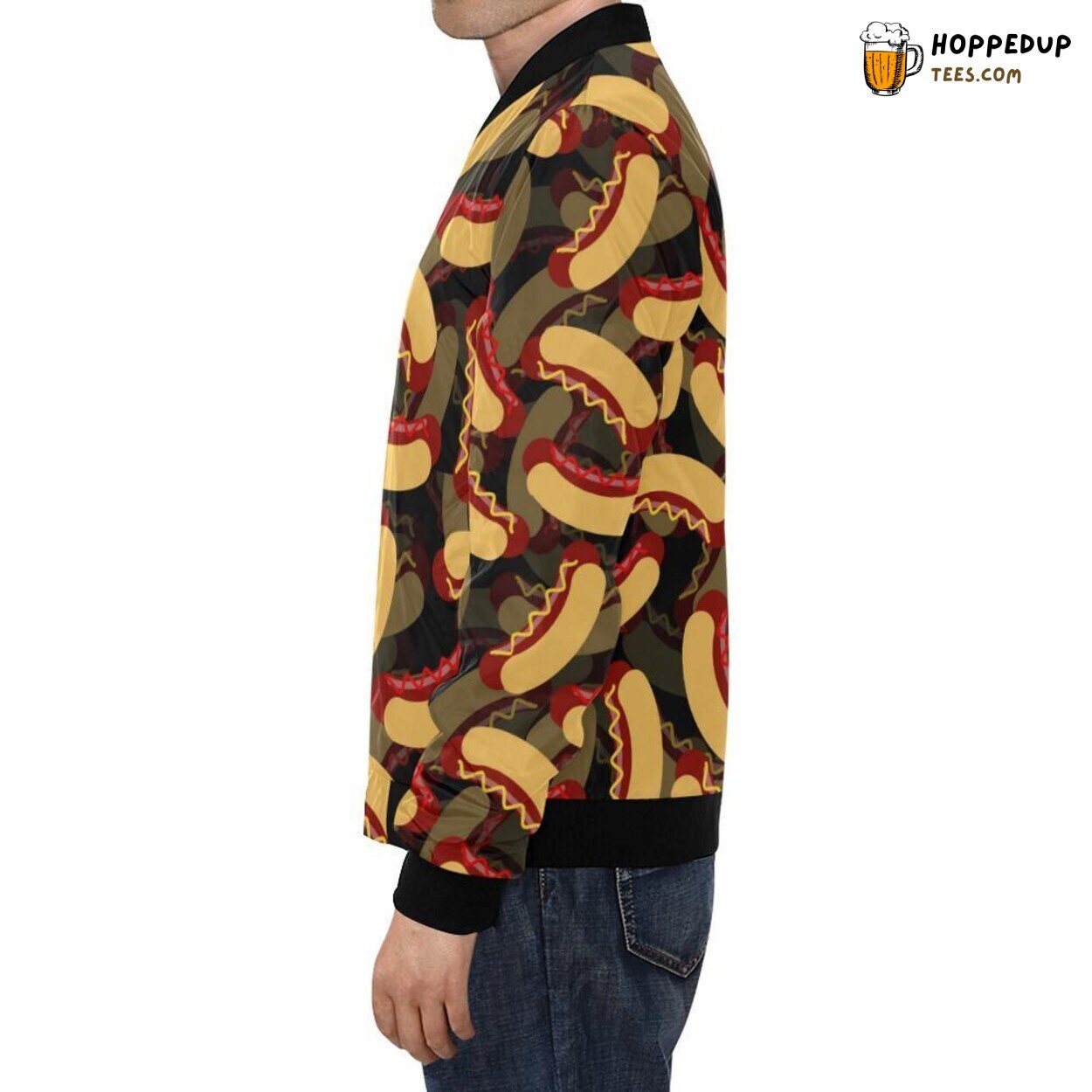 Men’s Bomber Jacket with Black Hot Dog Pattern Print Design