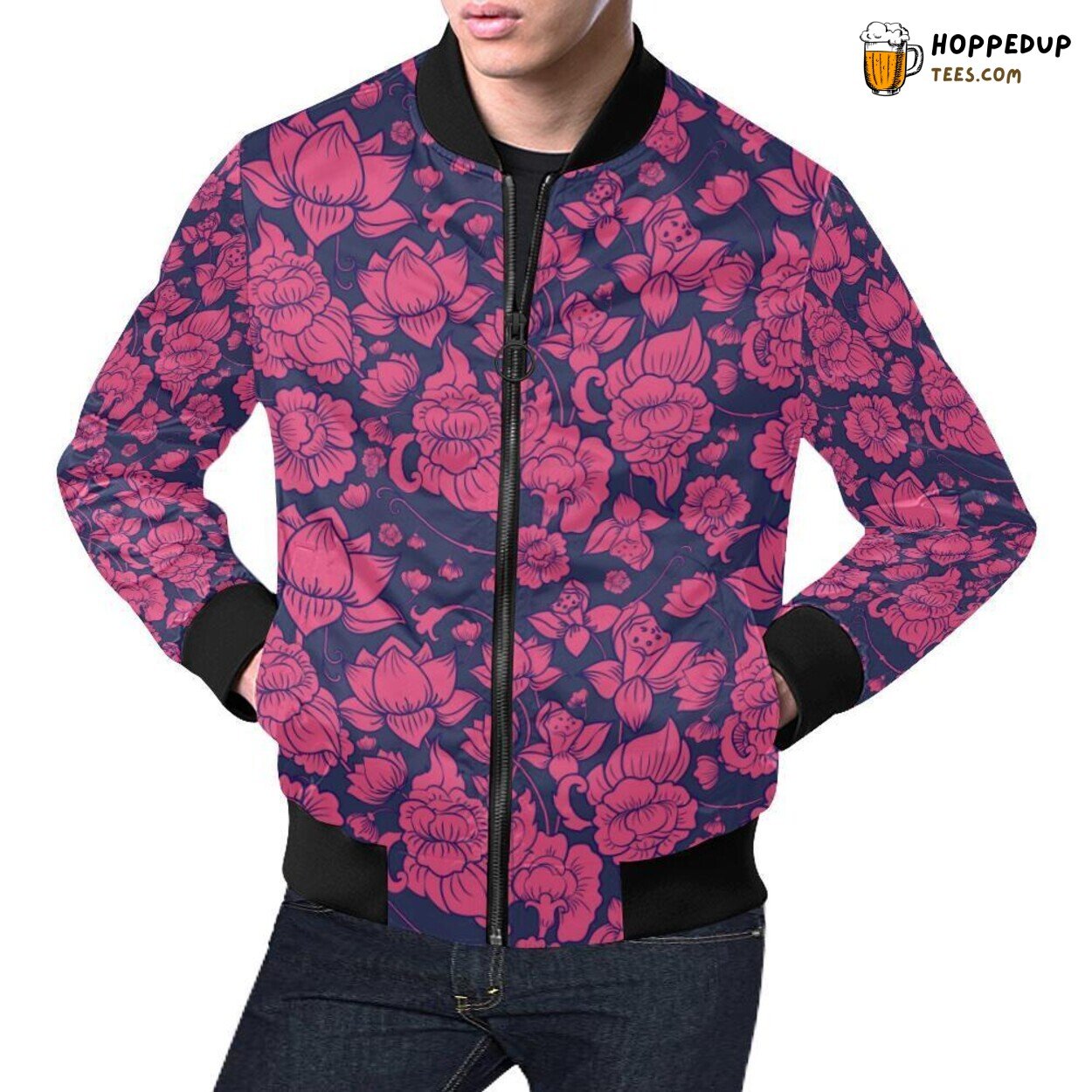 Men’s Bomber Jacket with Distinctive Lotus Print Pattern Design
