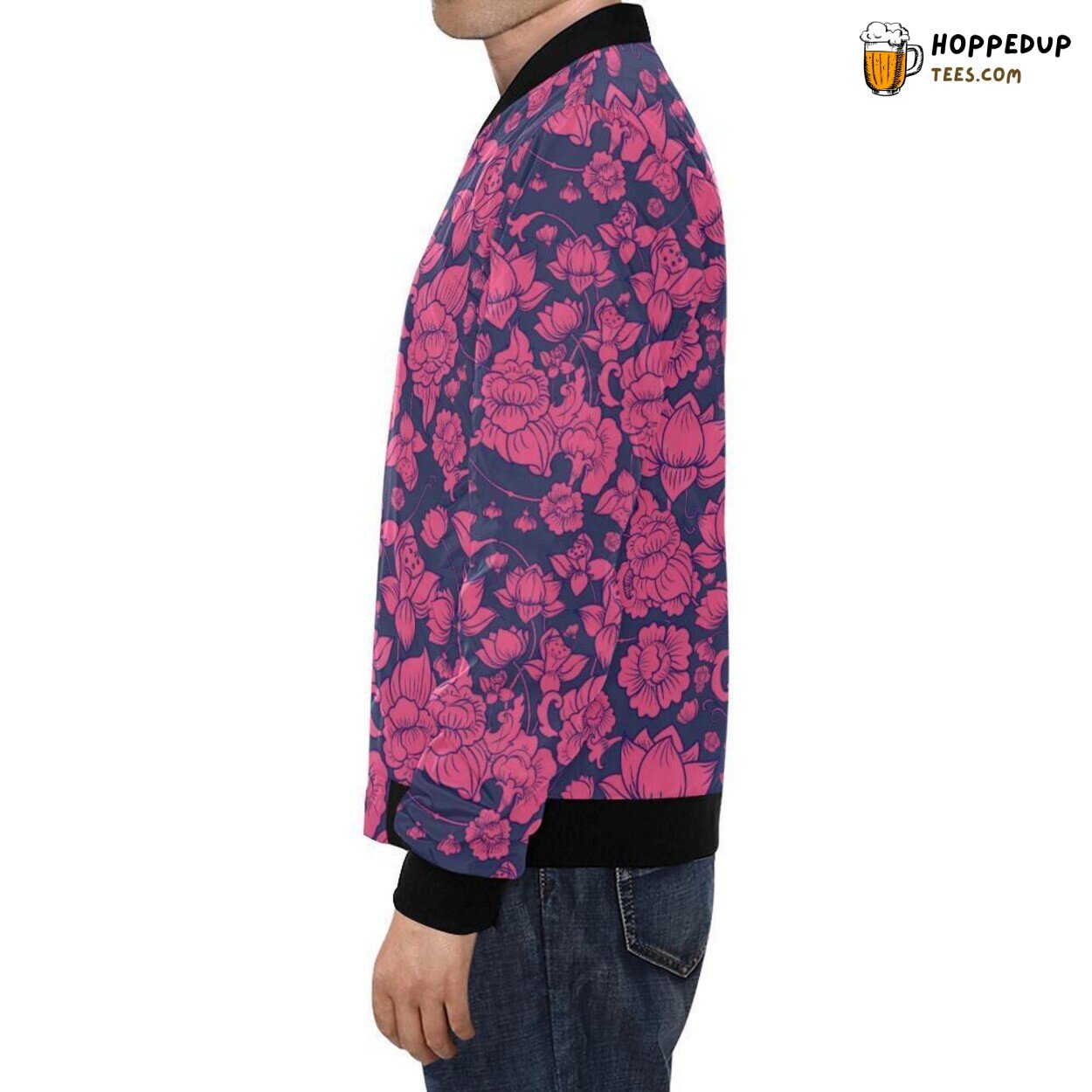 Men’s Bomber Jacket with Distinctive Lotus Print Pattern Design