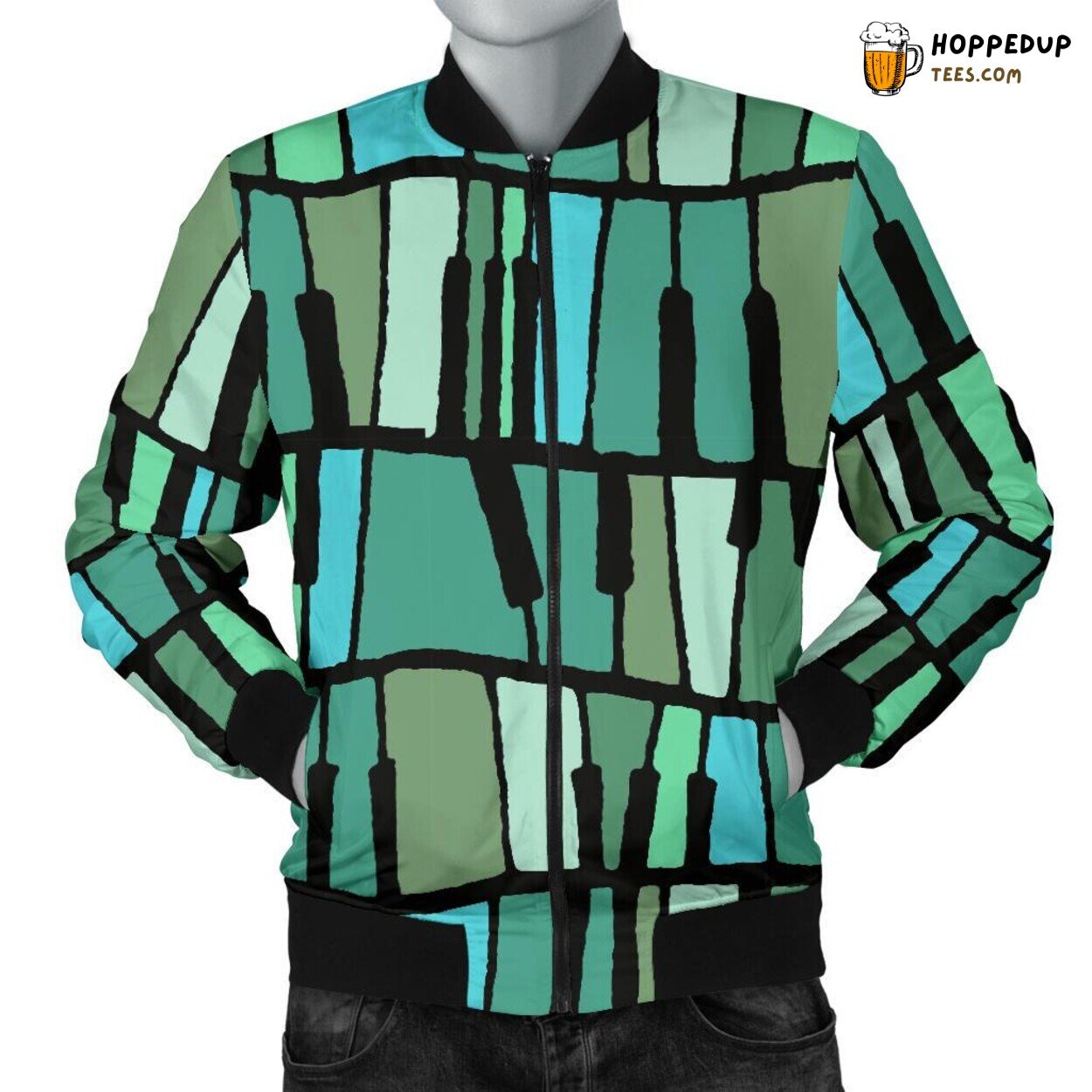 Men’s Bomber Jacket with Elegant Green Piano Key Pattern Design Showcase