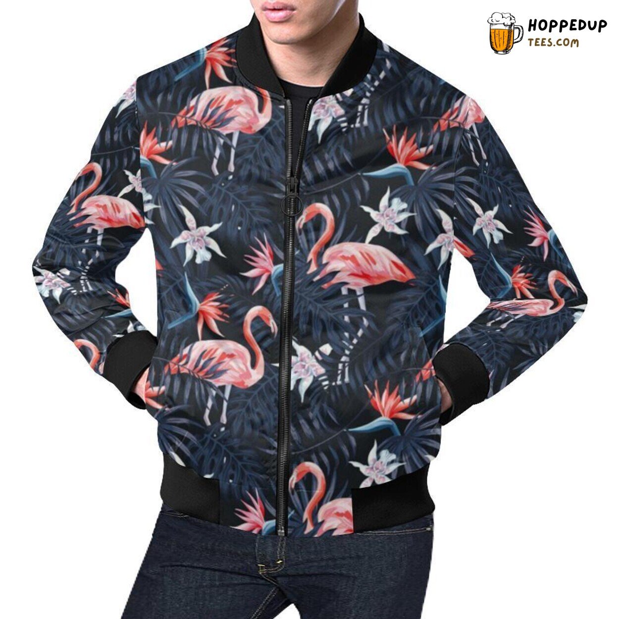 Men’s Bomber Jacket with Flamingo Palm Leaves Hawaiian Floral Print