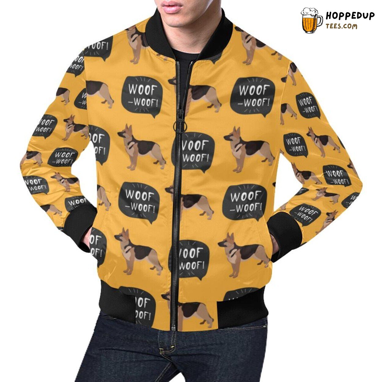 Men’s Bomber Jacket with German Shepherd Woof Woof Pattern Print