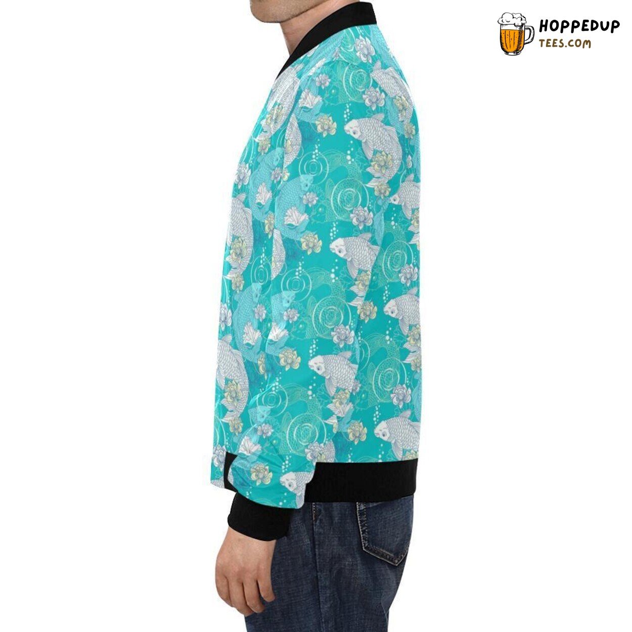 Men’s Bomber Jacket with Lotus & Koi Fish Pattern Print Trend
