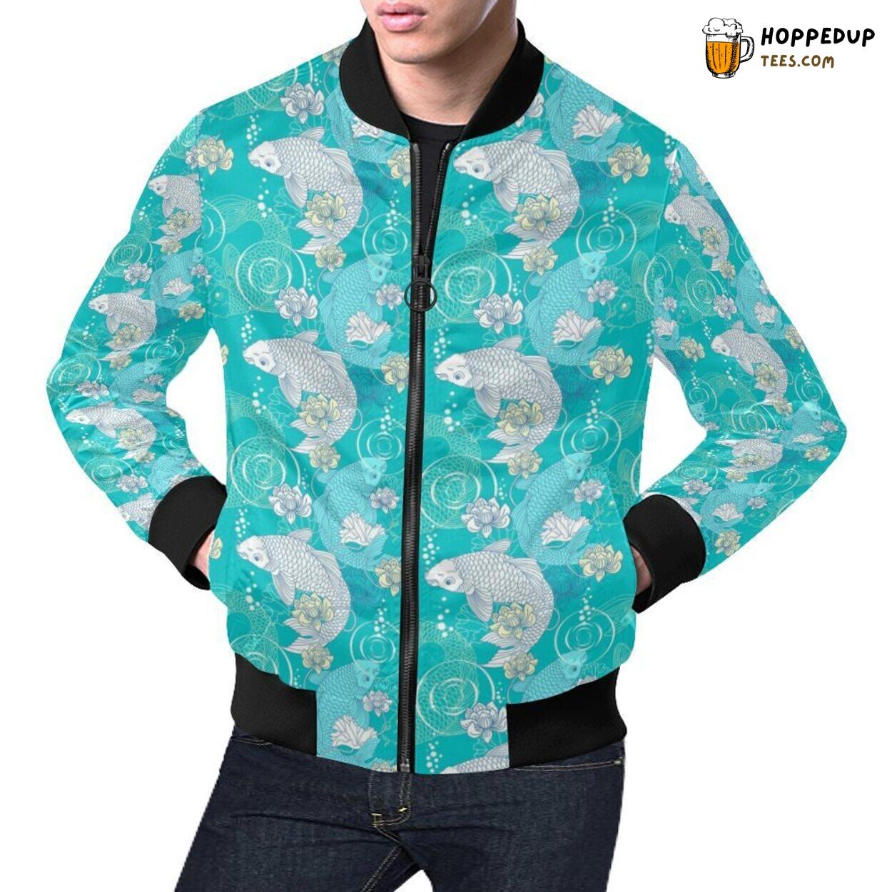 Men’s Bomber Jacket with Lotus & Koi Fish Pattern Print Trend