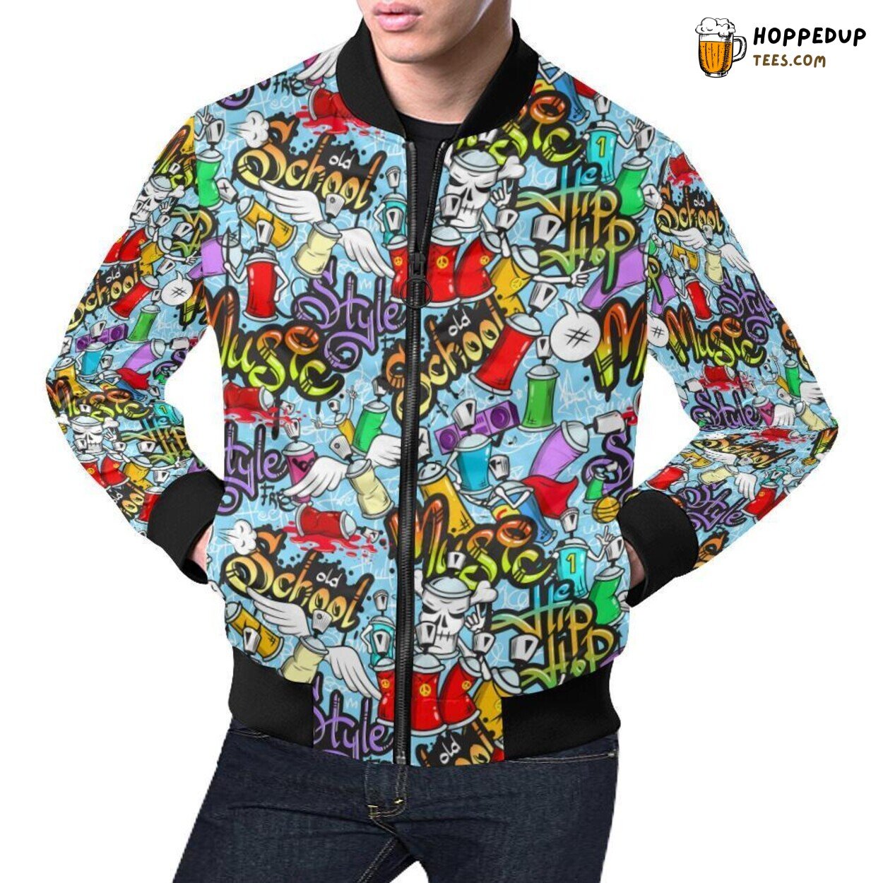 Men’s Bomber Jacket with Modern Graffiti Art Pattern Print Finish