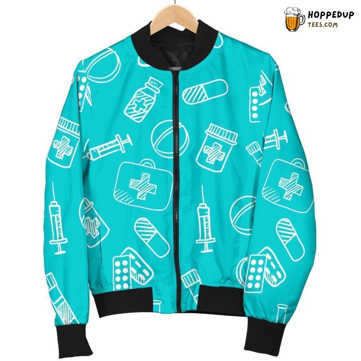 Men’s Bomber Jacket with Pastel Tones Pharmacy Tools Pattern Design Exhibit