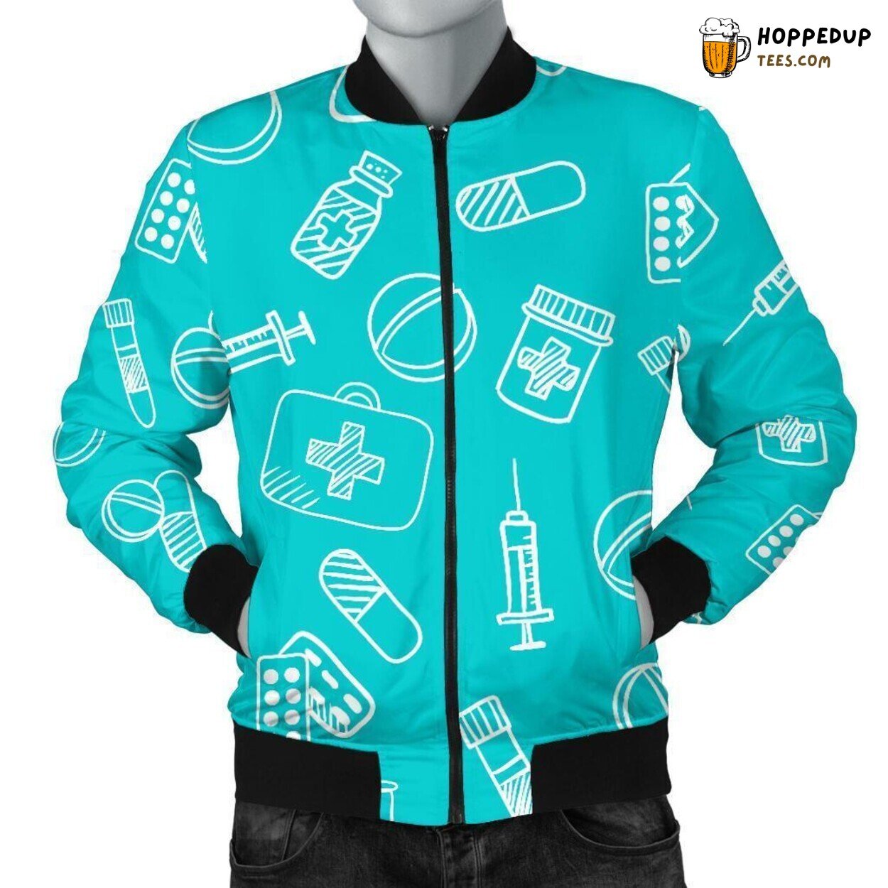 Men’s Bomber Jacket with Pastel Tones Pharmacy Tools Pattern Design Exhibit