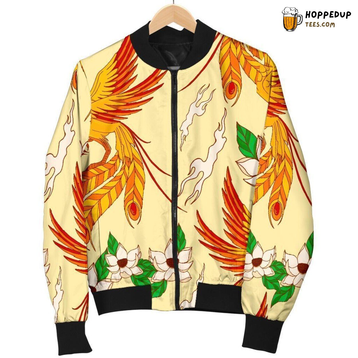 Men’s Bomber Jacket with Phoenix Bird Surrounded by Floral Pattern Design