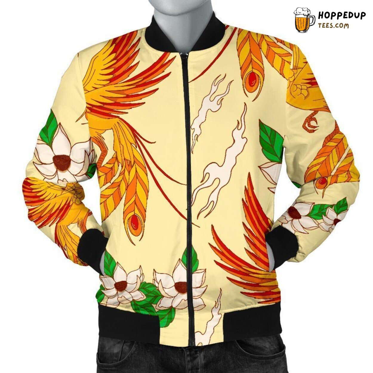 Men’s Bomber Jacket with Phoenix Bird Surrounded by Floral Pattern Design