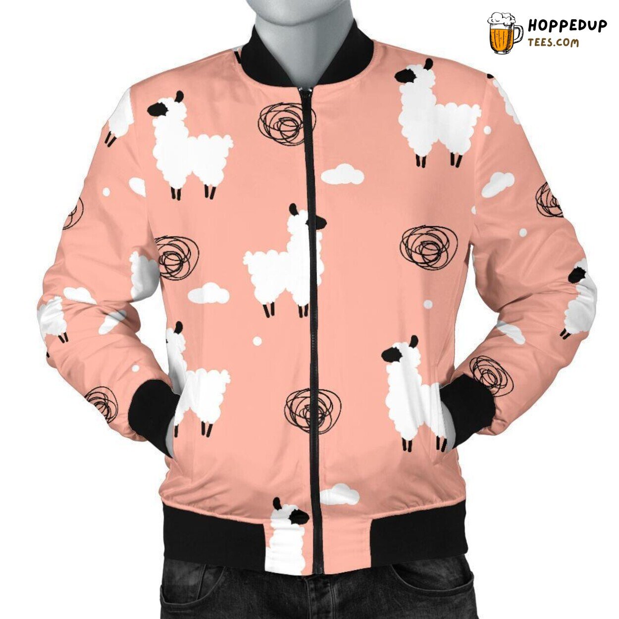 Men’s Bomber Jacket with Pink Alpaca Pattern Print Fashionable
