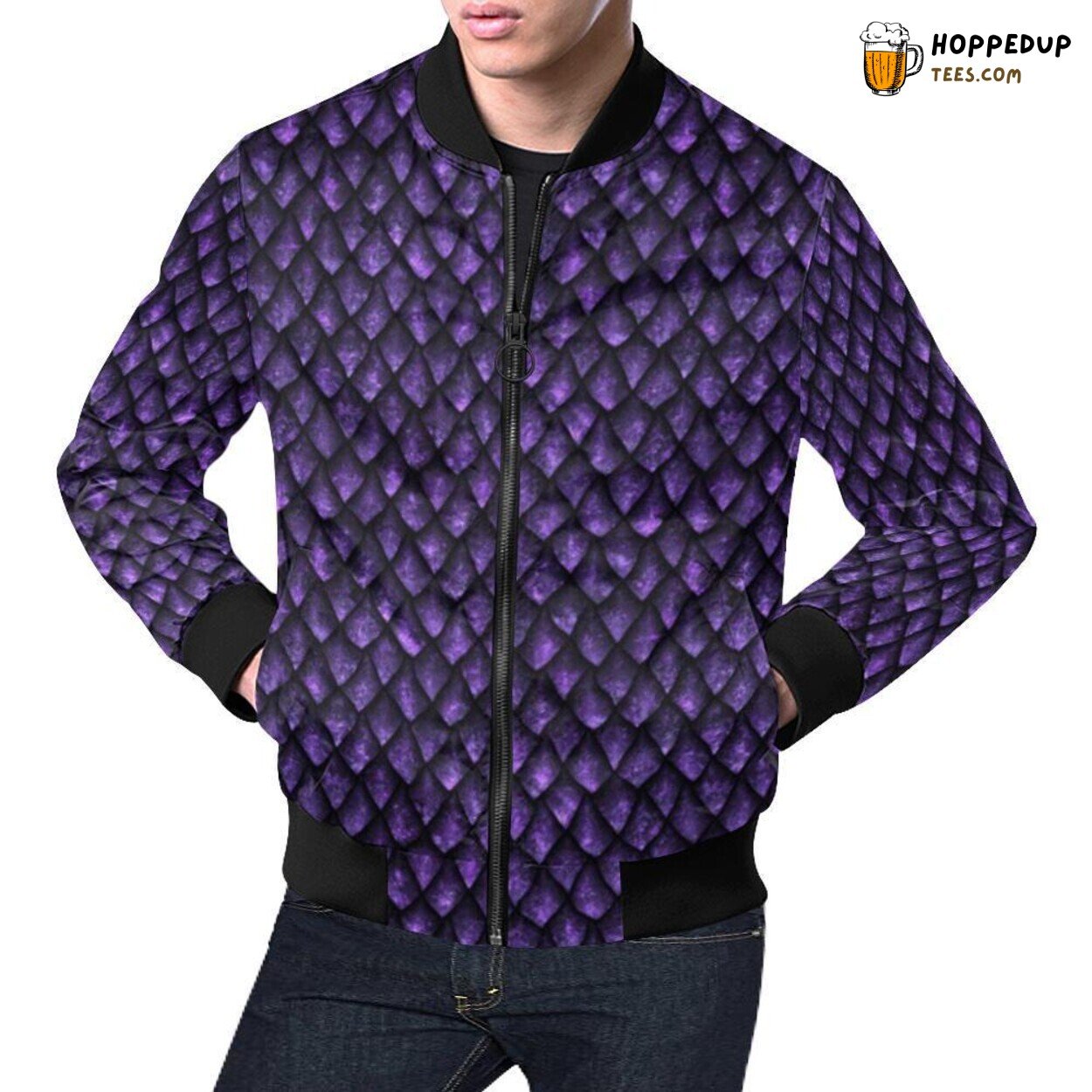 Men’s Bomber Jacket with Purple Egg Skin Dragon Pattern Print
