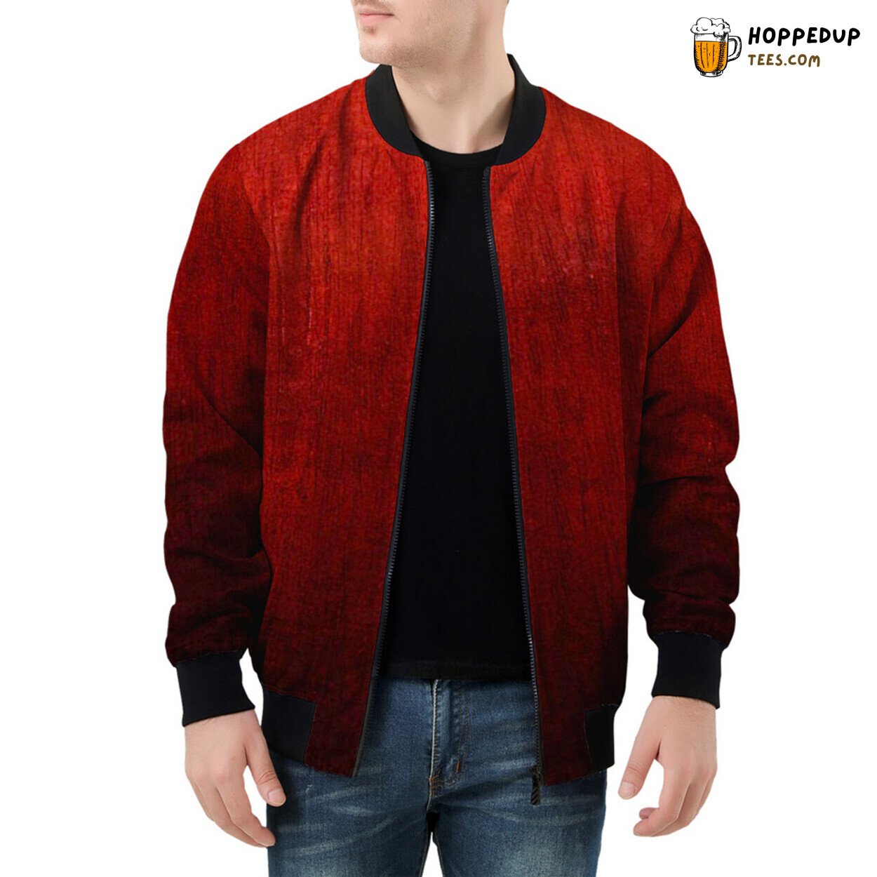 Men’s Bomber Jacket with Striking Black Red Scuff Patterns