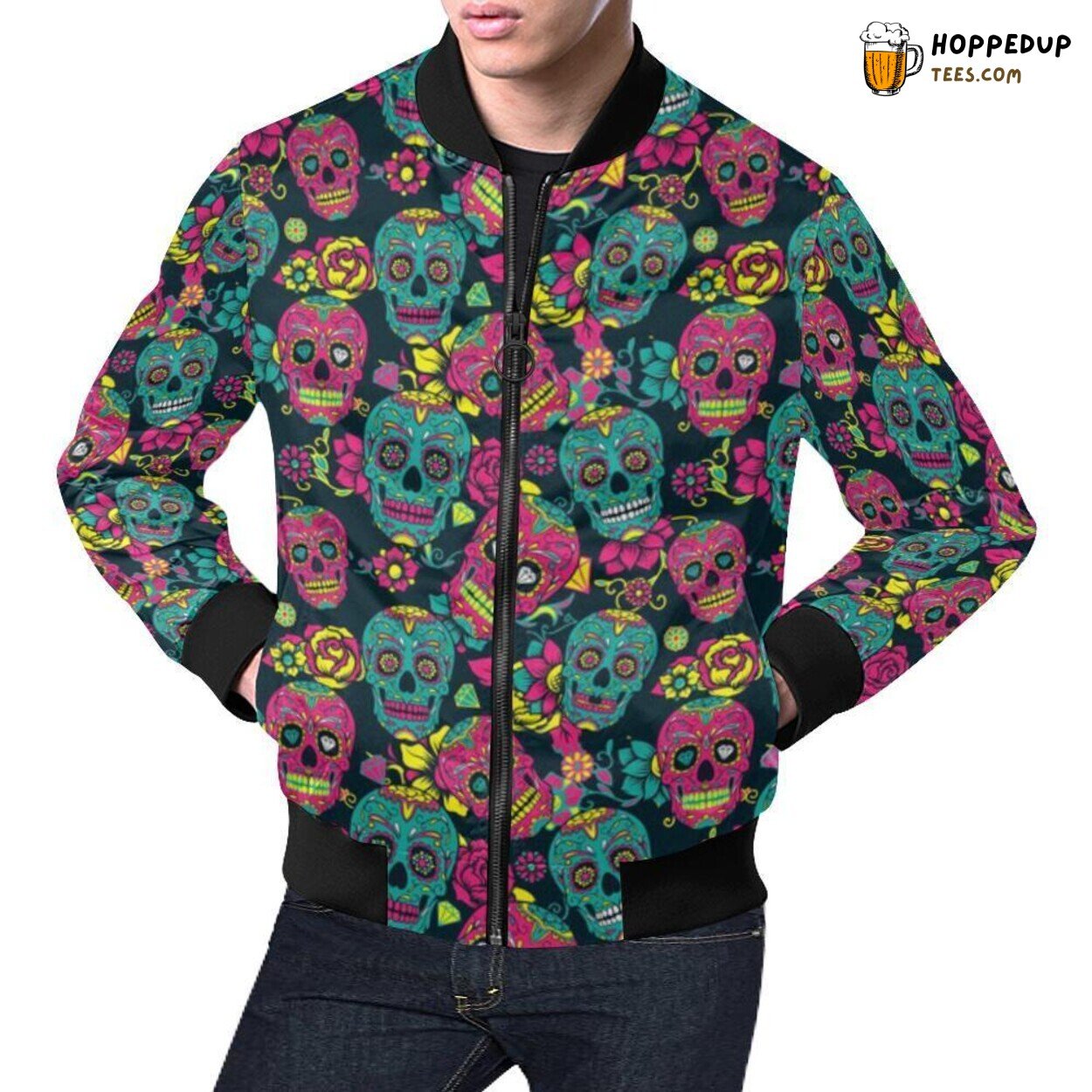 Men’s Bomber Jacket with Sugar Skull Girly Skeleton Floral Pattern Print
