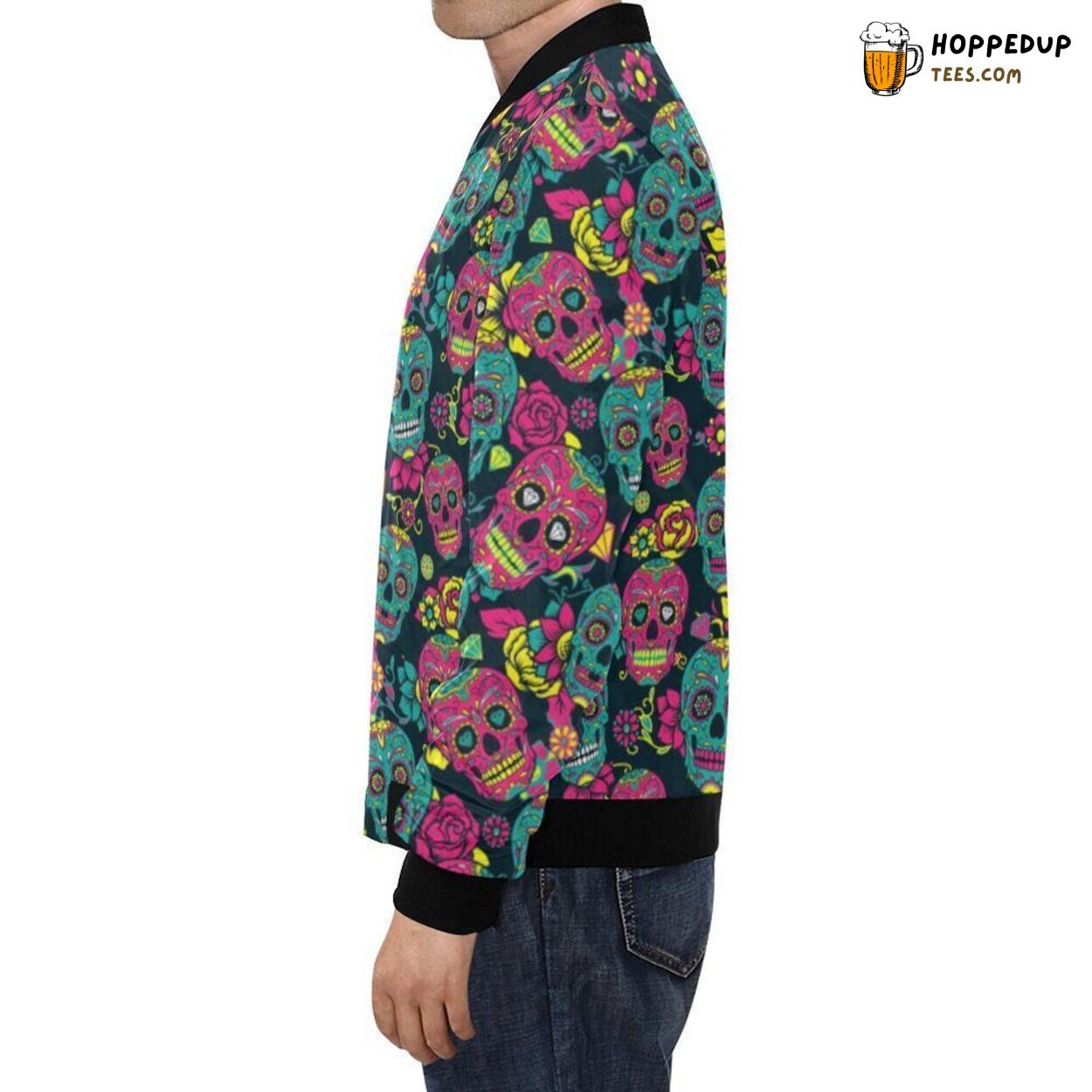 Men’s Bomber Jacket with Sugar Skull Girly Skeleton Floral Pattern Print
