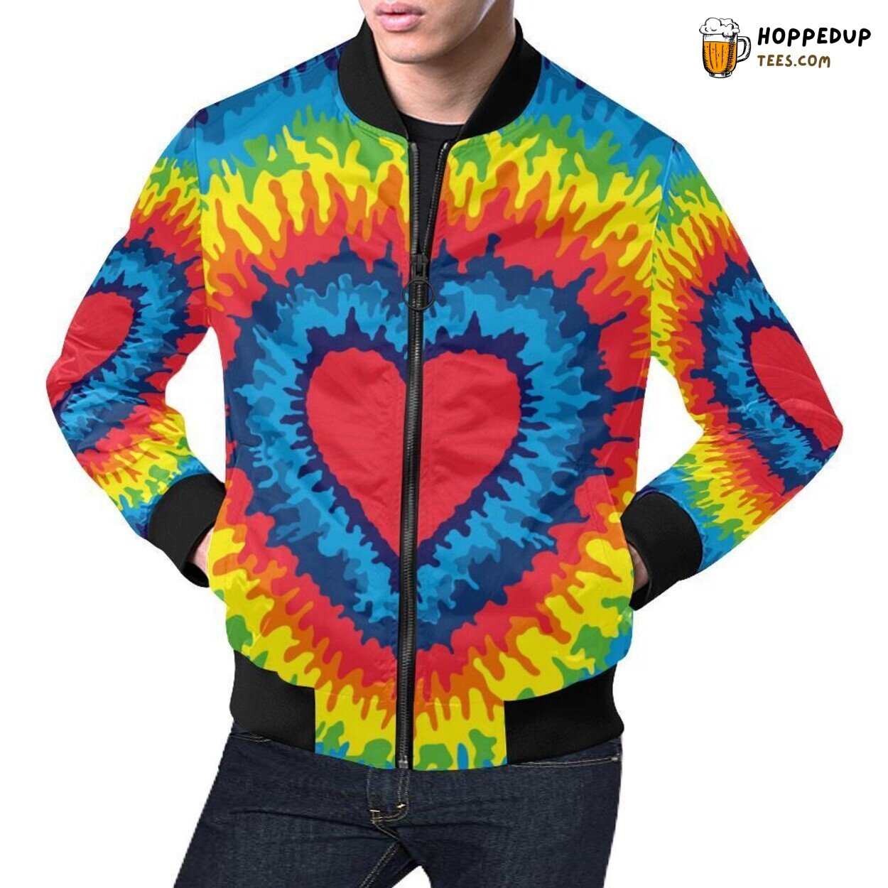 Men’s Bomber Jacket with Tie Dye Heart Pattern Print Unique Design