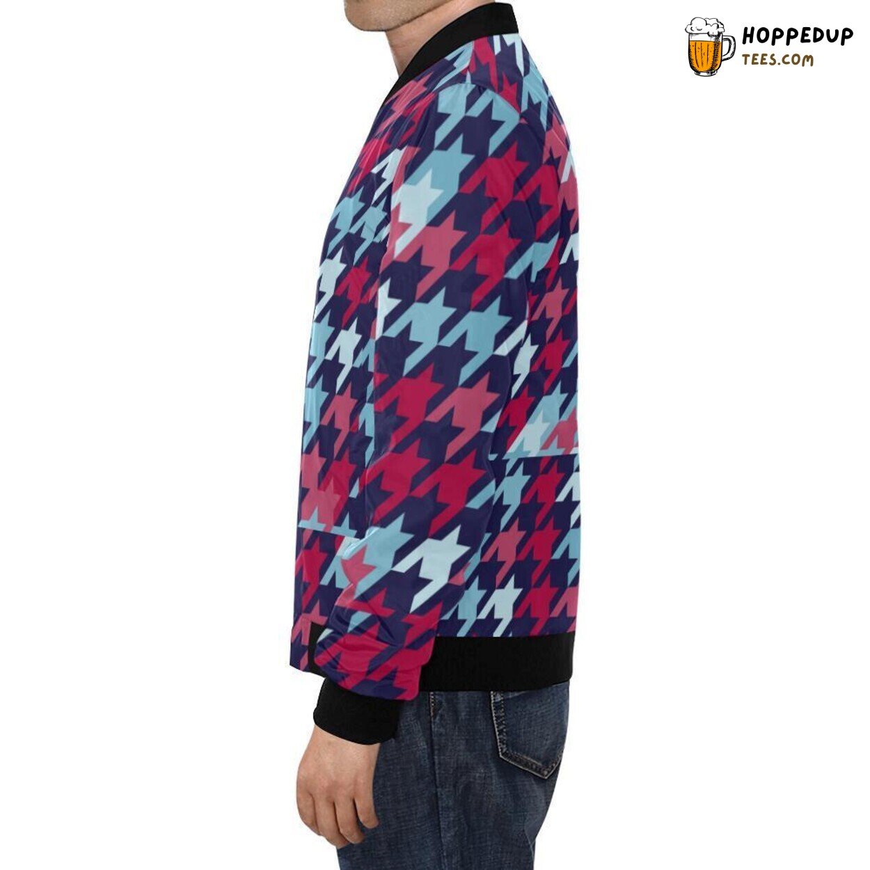 Men’s Bomber Jacket with Timeless Houndstooth Print Pattern Design