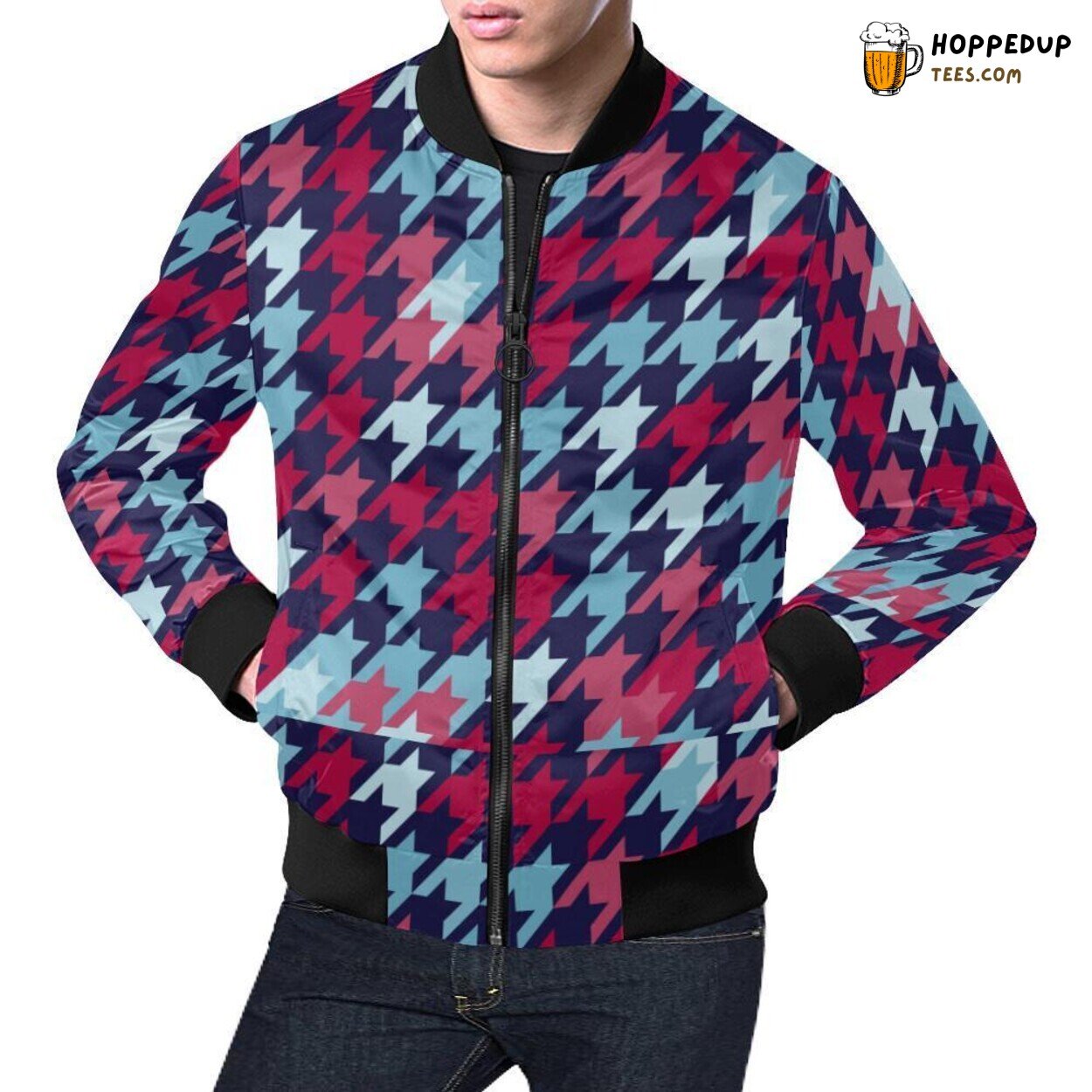 Men’s Bomber Jacket with Timeless Houndstooth Print Pattern Design