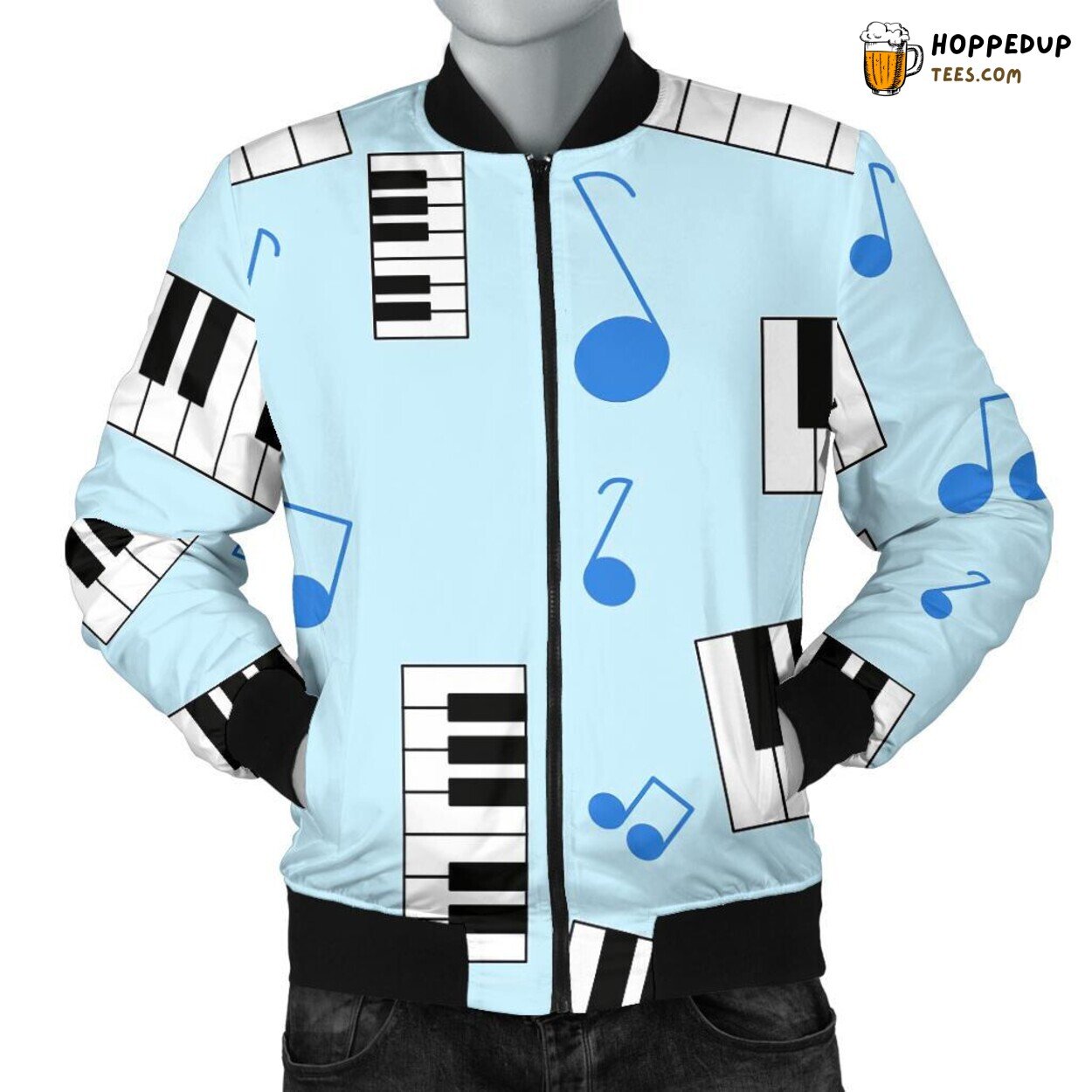Men’s Bomber Jacket with Vibrant Blue Piano Key Pattern Design Exhibit