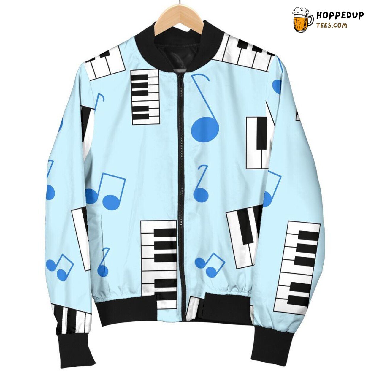 Men’s Bomber Jacket with Vibrant Blue Piano Key Pattern Design Exhibit