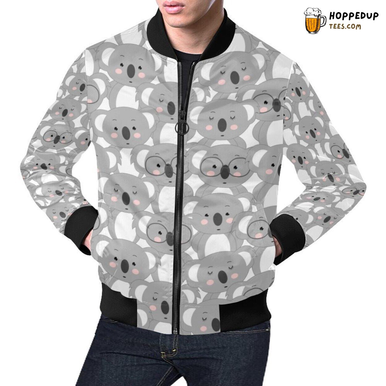 Men’s Fashion Bomber Jacket Styled with Koala Pattern Print