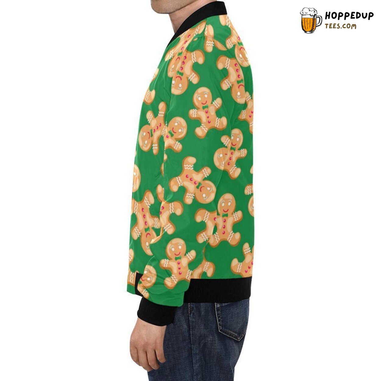 Men’s Green Gingerbread Man Christmas Themed Bomber Jacket with Unique Print