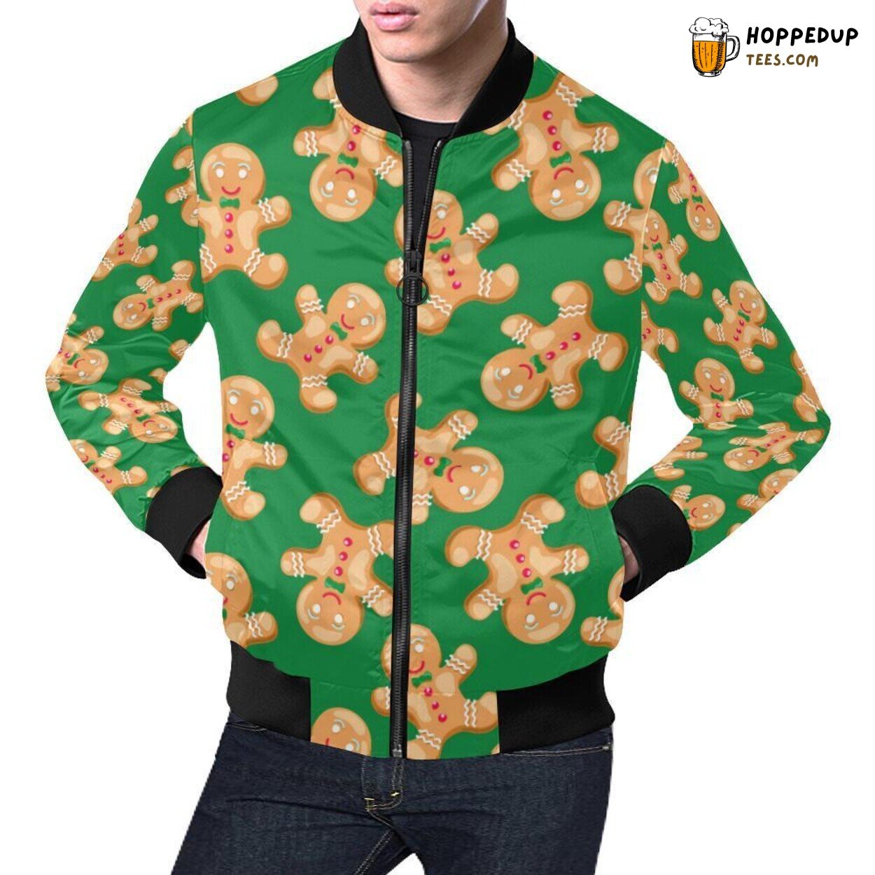 Men’s Green Gingerbread Man Christmas Themed Bomber Jacket with Unique Print Men’s Green Gingerbread Man Christmas Themed Bomber Jacket with Unique Print