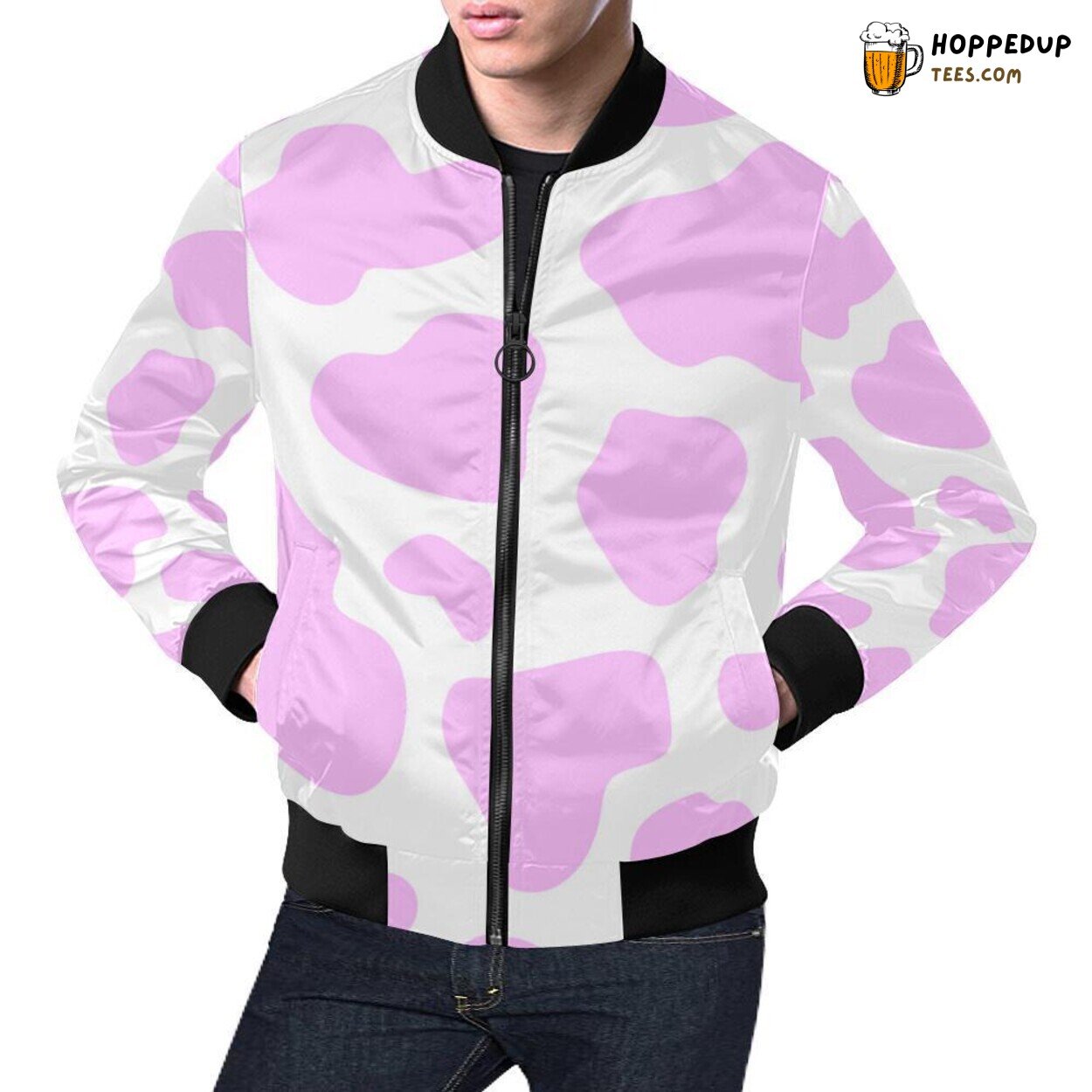 Men’s Stylish Bomber Jacket Pink Cow Design Pattern Exclusive Print Look Men’s Stylish Bomber Jacket Pink Cow Design Pattern Exclusive Print Look