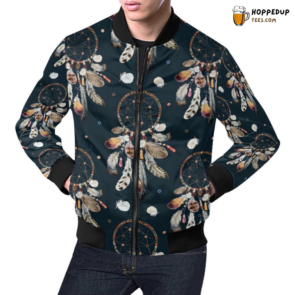 Men’s Unique Feather & Dream Catcher Pattern Bomber Jacket Boho Style Men’s Unique Feather & Dream Catcher Pattern Bomber Jacket Boho Style