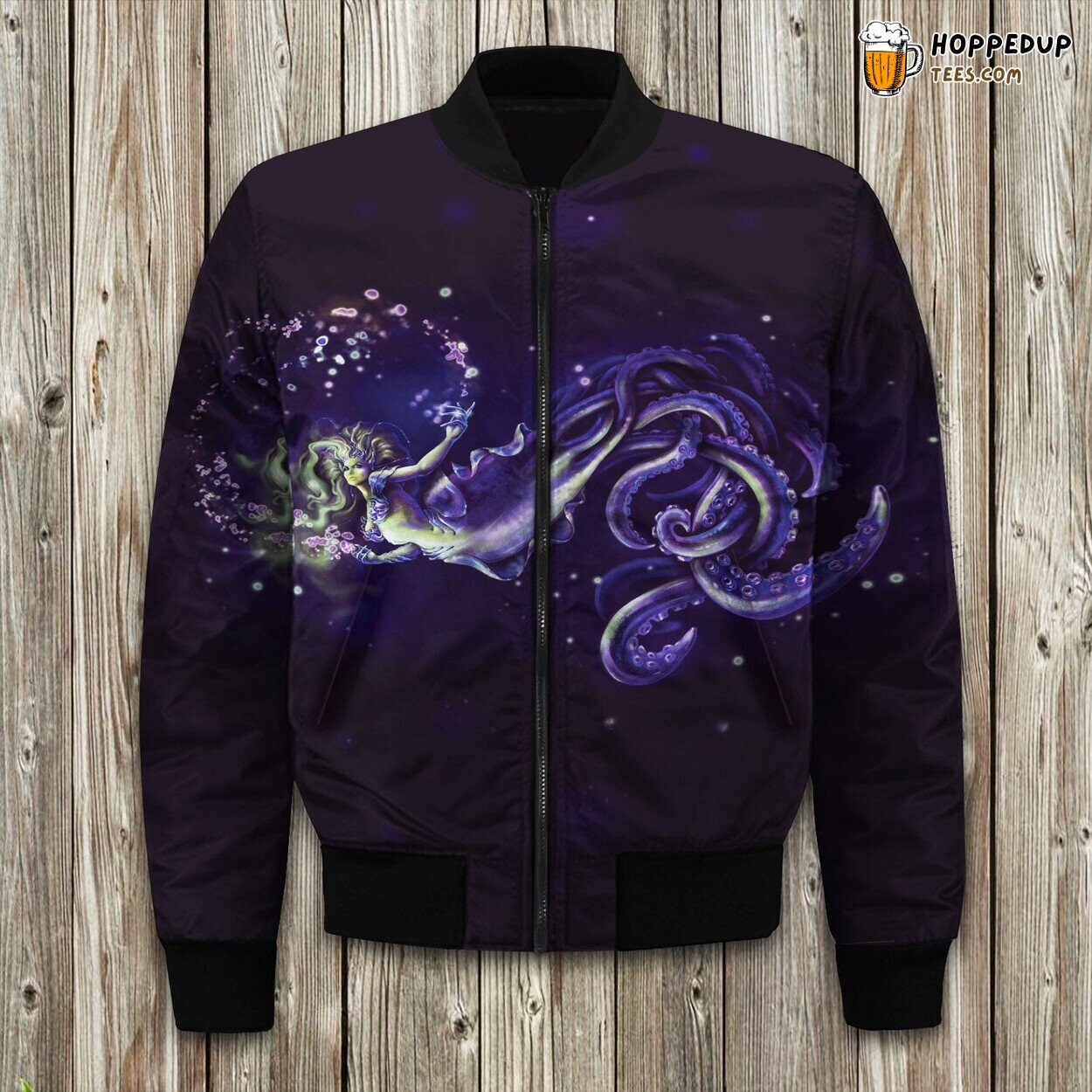 Mermaid’s Oceanic Tale Winter Bomber Jacket Deep Blue Story Design