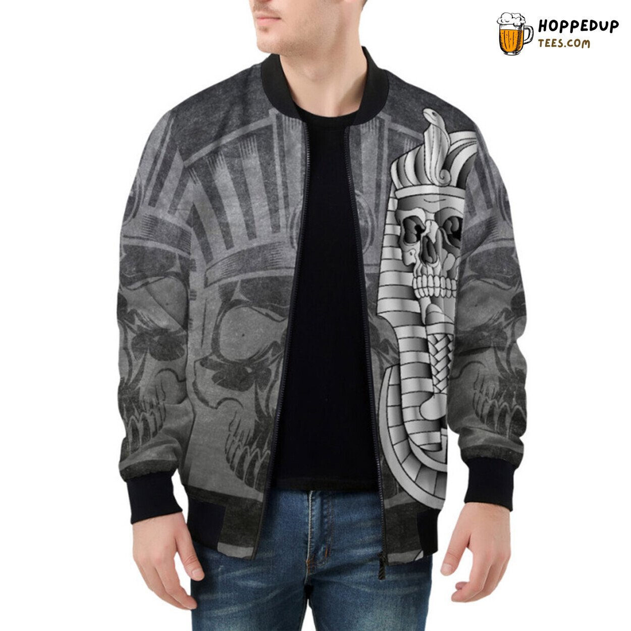 Mesmerizing Blend of Skull and Pharaoh Mask Artistry Bomber Jacket Mesmerizing Blend of Skull and Pharaoh Mask Artistry Bomber Jacket