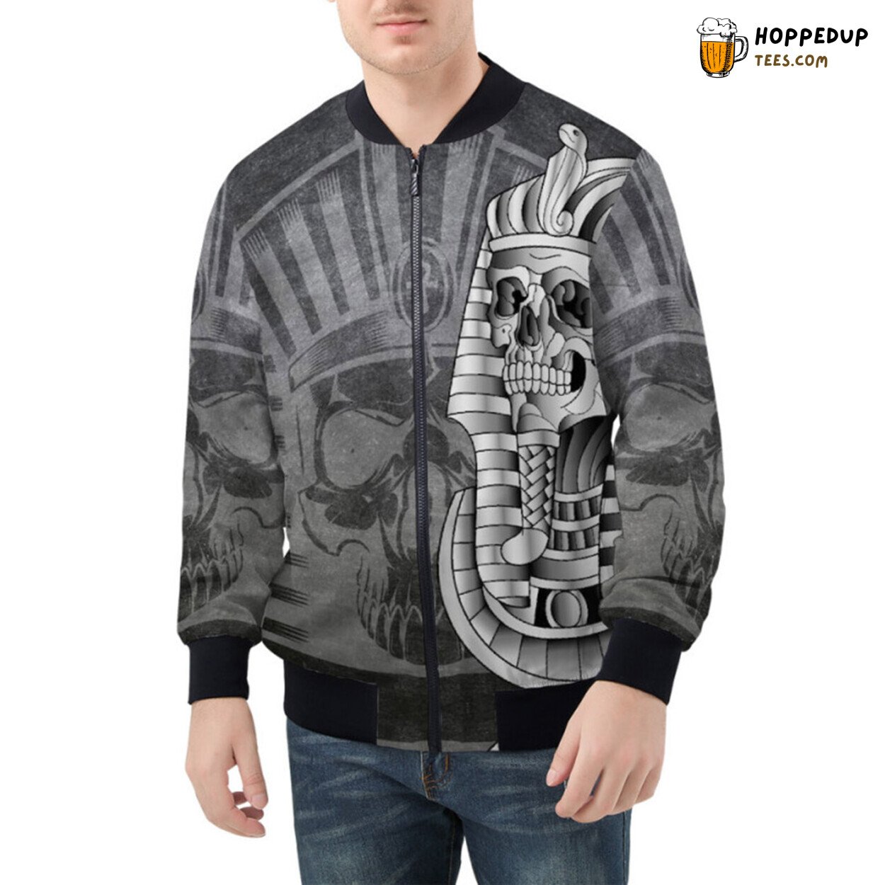 Mesmerizing Blend of Skull and Pharaoh Mask Artistry Bomber Jacket