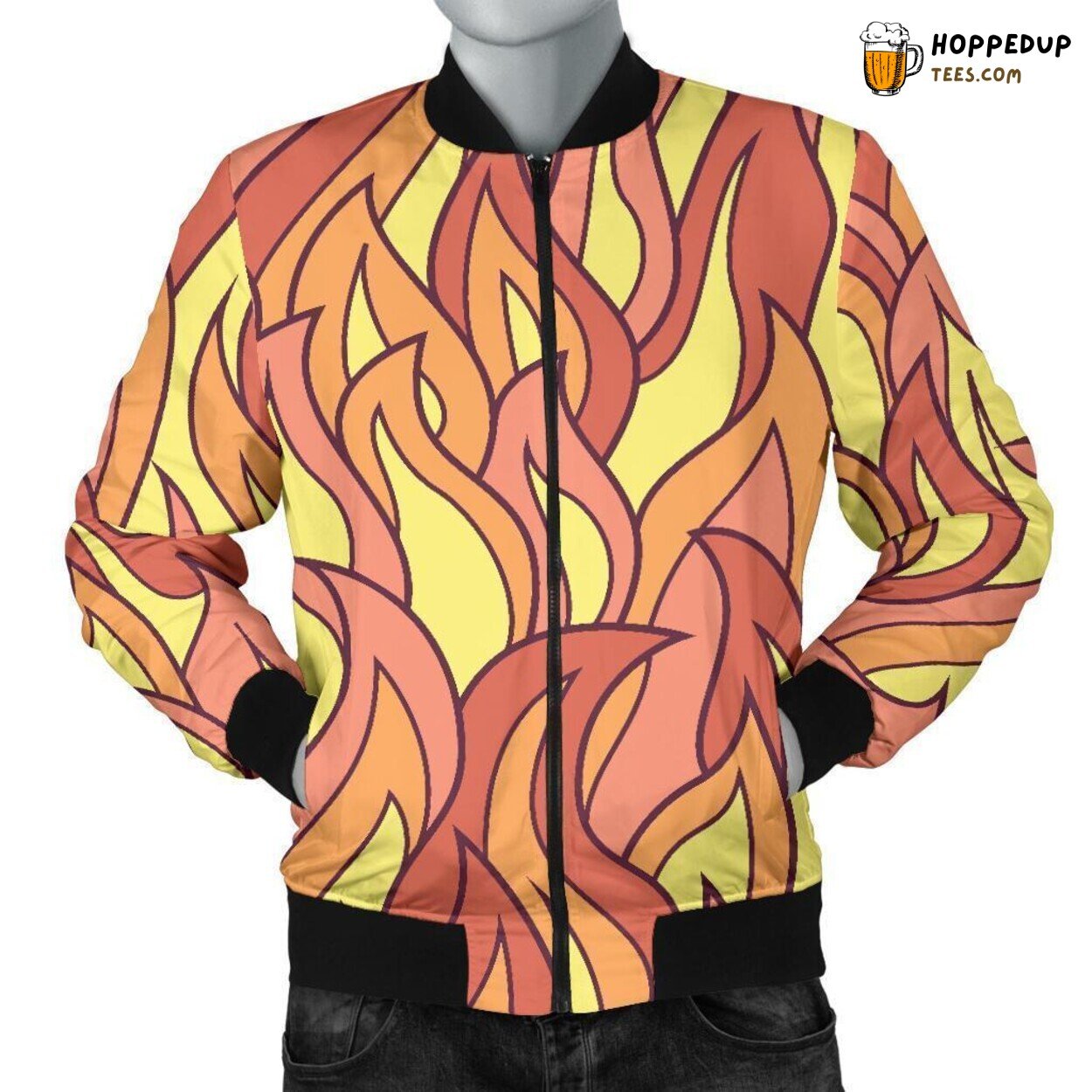 Mesmerizing Fire Dance Men’s Bomber Jacket Unique Pattern Design Display