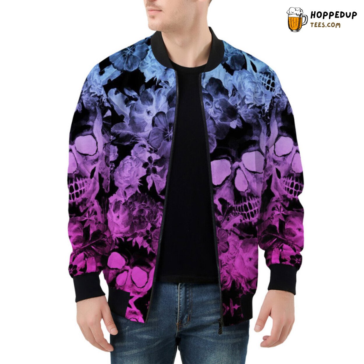 Mesmerizing Neon Skulls Intertwined Lush Floral Beauty Bomber Jacket