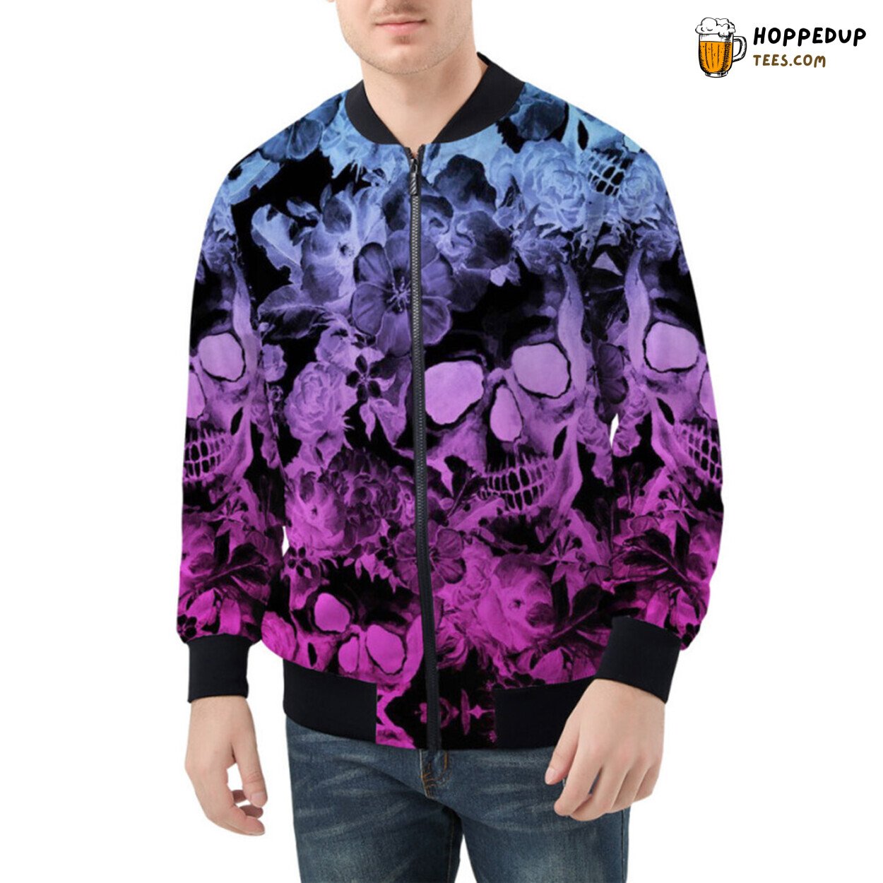 Mesmerizing Neon Skulls Intertwined Lush Floral Beauty Bomber Jacket