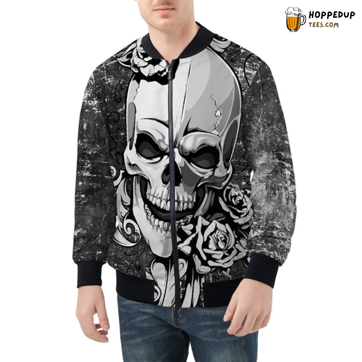 Metallic Luster of Intricate Silver Skull Gracefully Designed Bomber Jacket