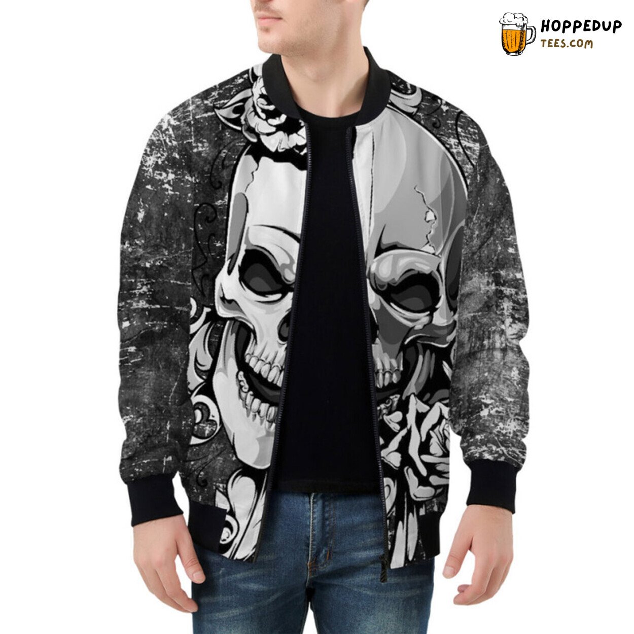 Metallic Luster of Intricate Silver Skull Gracefully Designed Bomber Jacket