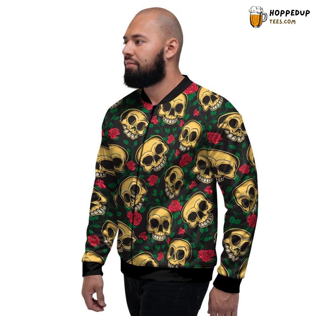 Mexican Inspired Rose Skull Design Men’s Bomber Jacket Cultural Artistic Display