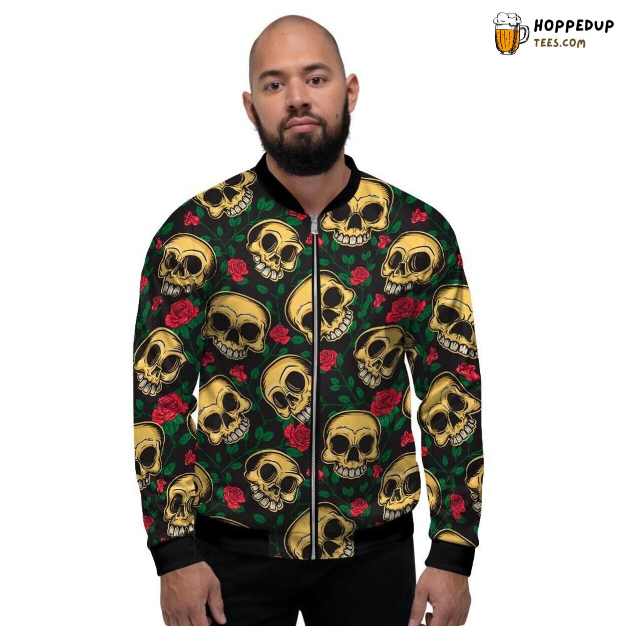 Mexican Inspired Rose Skull Design Men’s Bomber Jacket Cultural Artistic Display