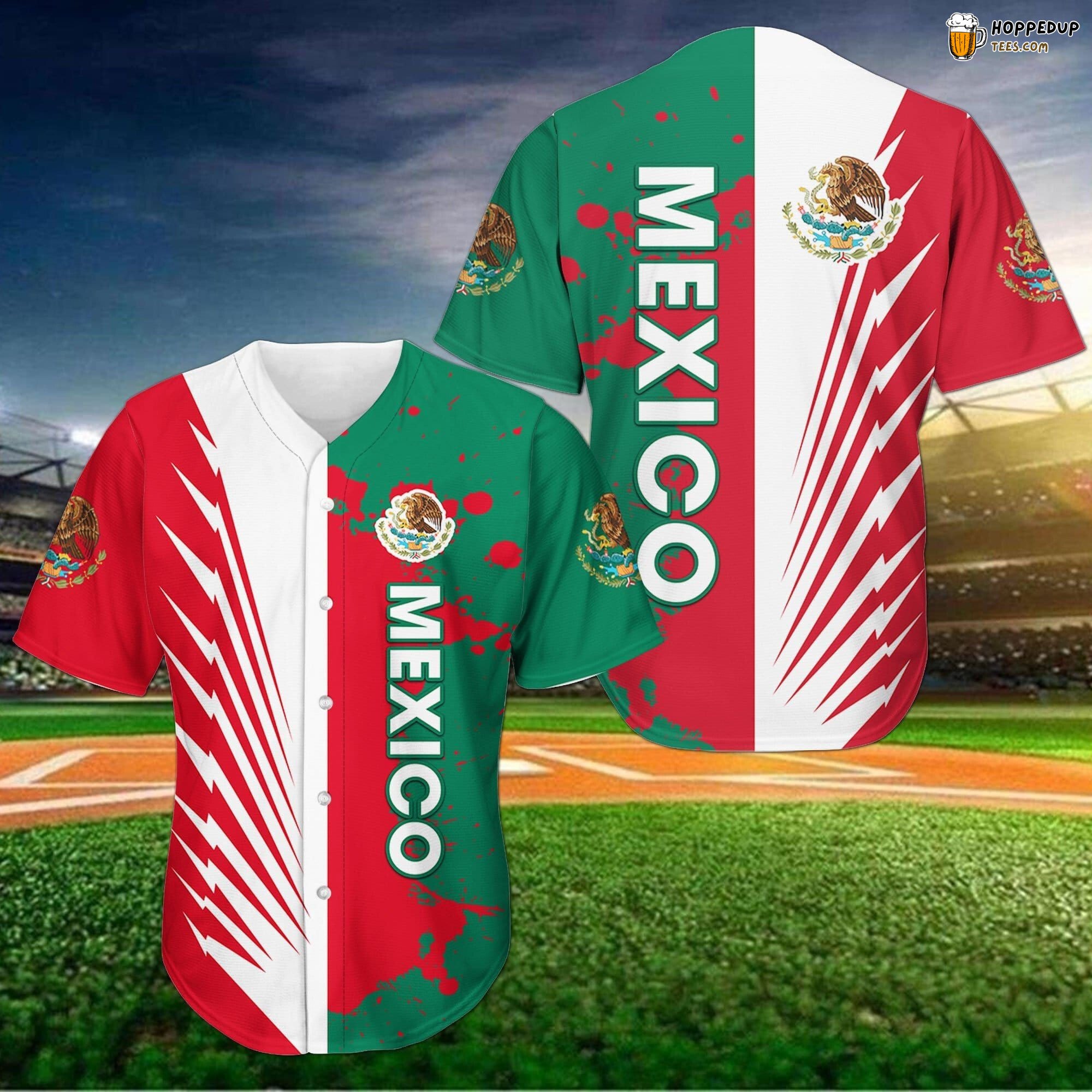 Mexico Themed Red Green White Baseball Jersey Distinctive Unique Design