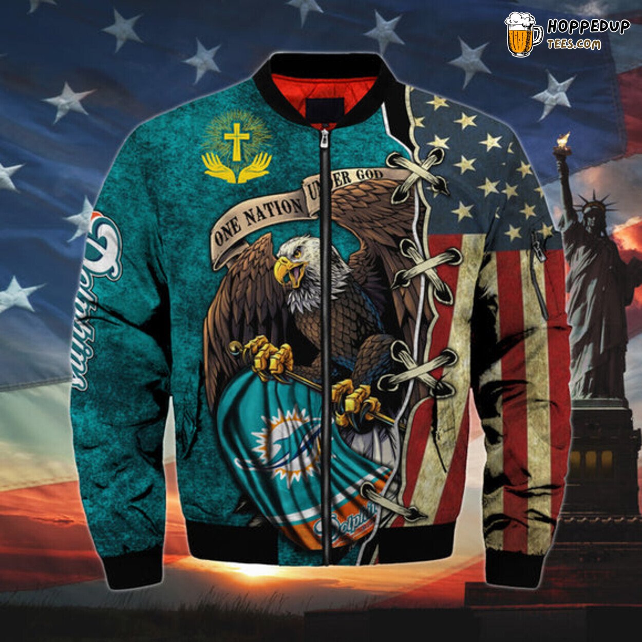 Miami Dolphins Men Bomber Jacket One Nation Under God Series Edition Look