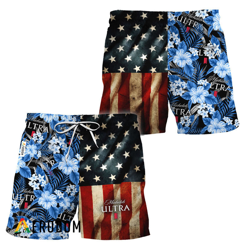 Michelob Ultra American Flag Tropical Flower Hawaiian Shorts HU