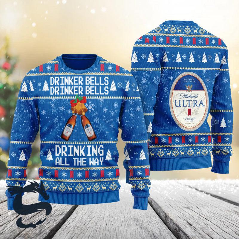 Michelob Ultra Drinker Bells Drinking All The Way  Ugly Sweater HU