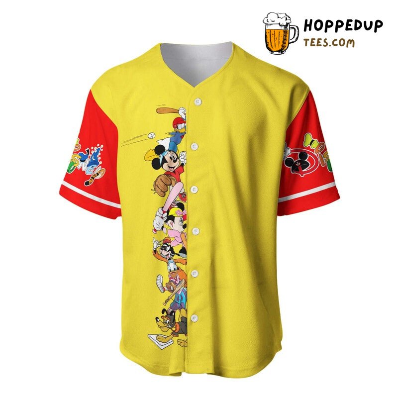 Mickey Minnie & Friends All Over Print Baseball Jersey Yellow Unisex Jersey Shirt