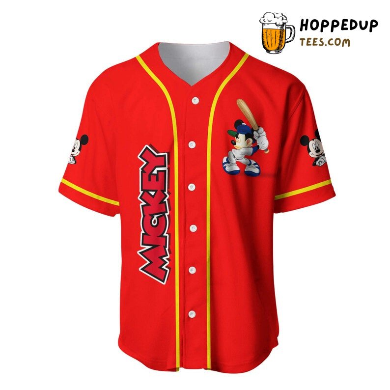 Mickey Mouse Playing Baseball All Over Print Baseball Jersey Red Unisex Jersey Shirt