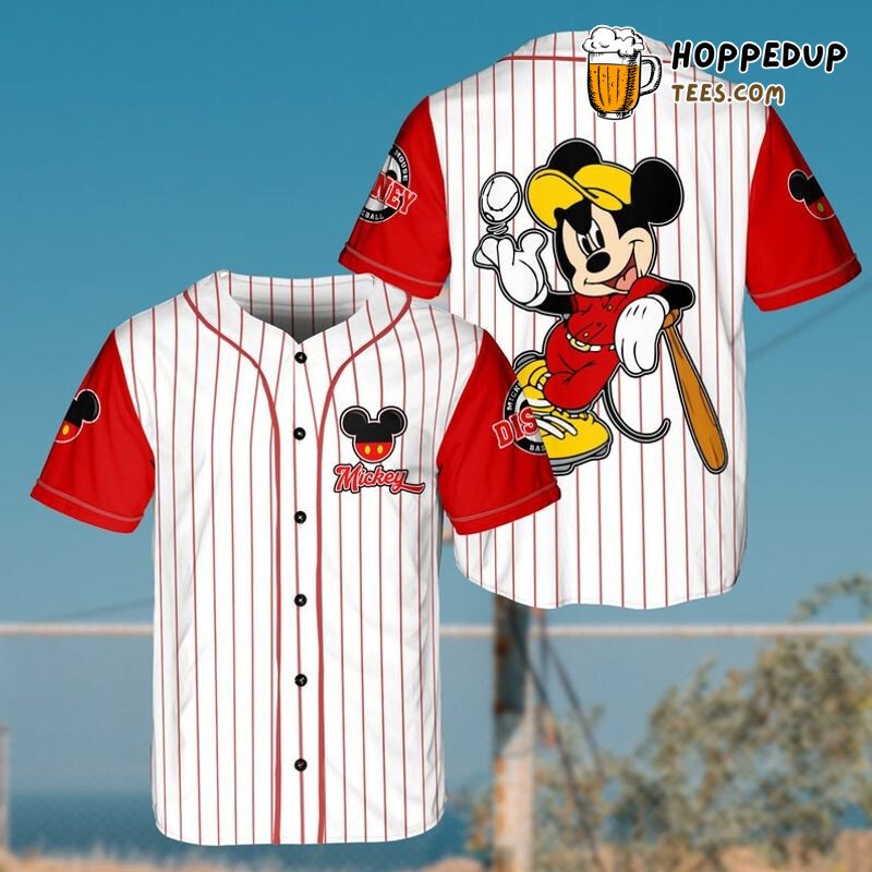 Mickey Mouse Red White Pinstripe 3D Cartoon Baseball Jersey
