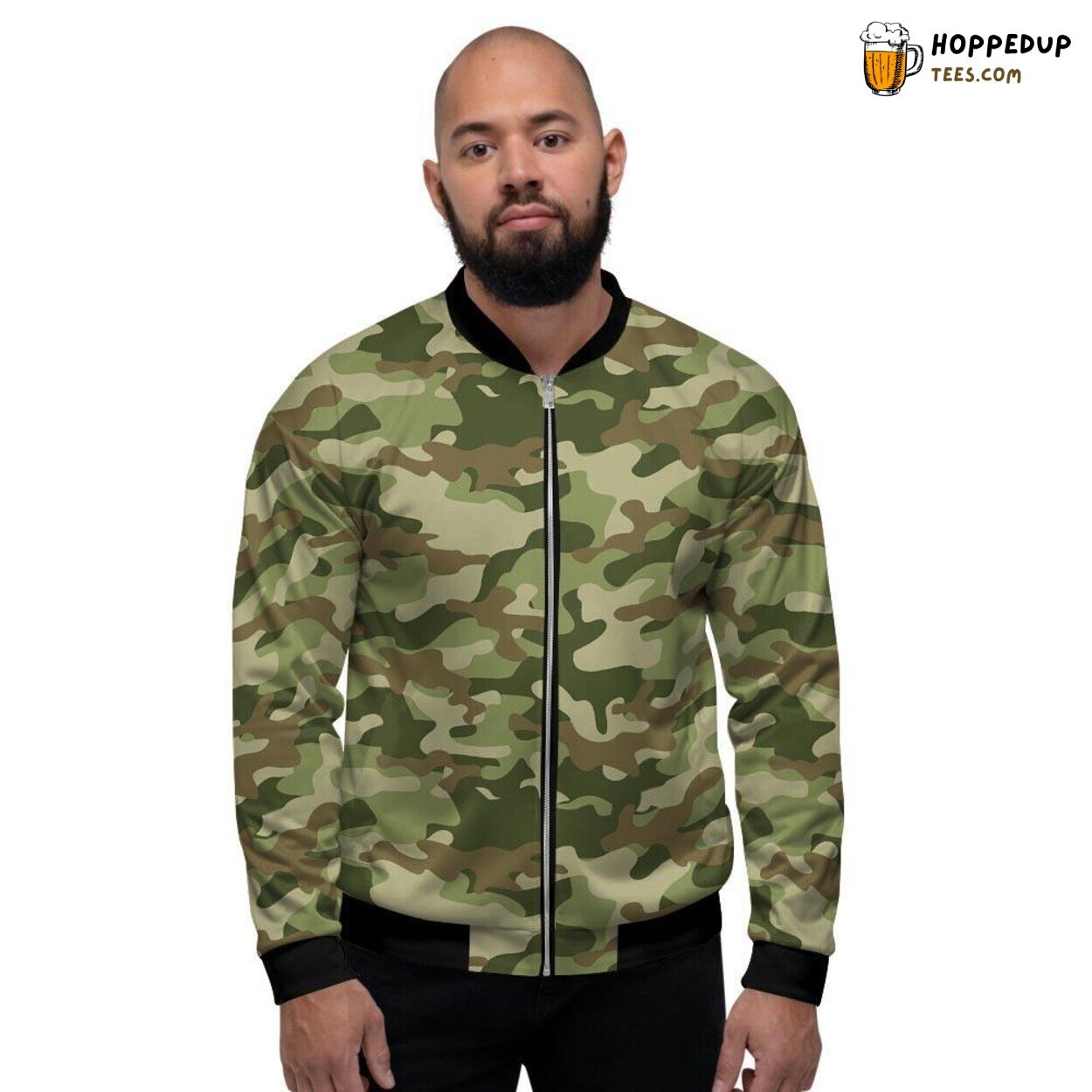Military Green Camouflage Print Men’s Bomber Jacket Warrior Vibe Display
