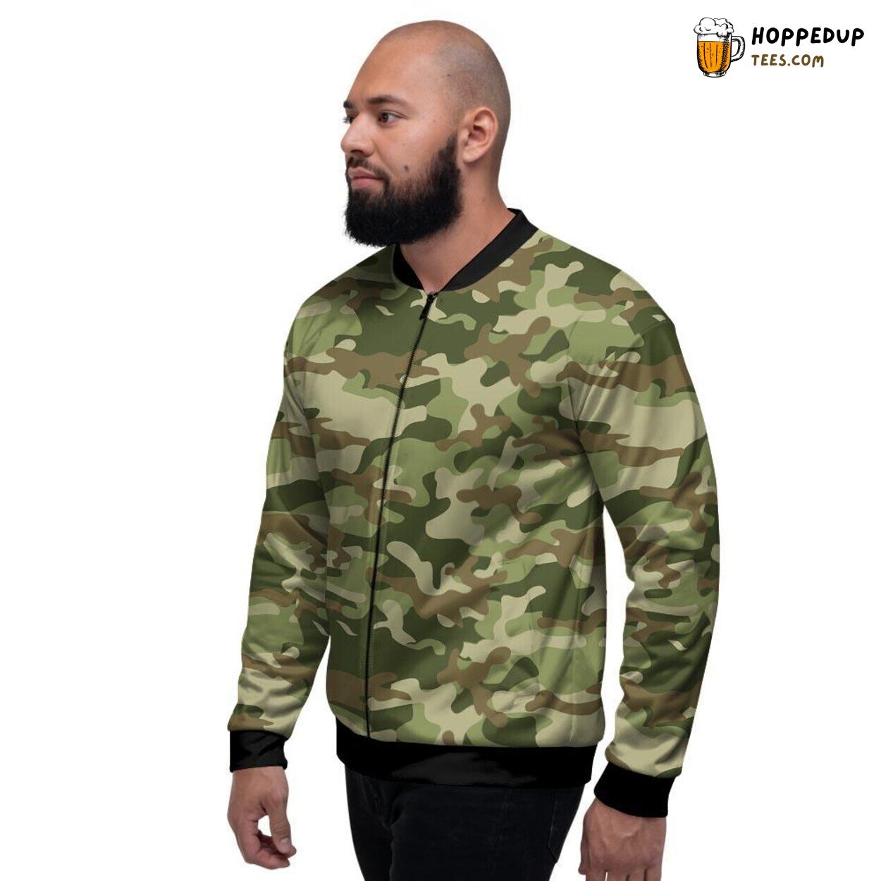 Military Green Camouflage Print Men’s Bomber Jacket Warrior Vibe Display